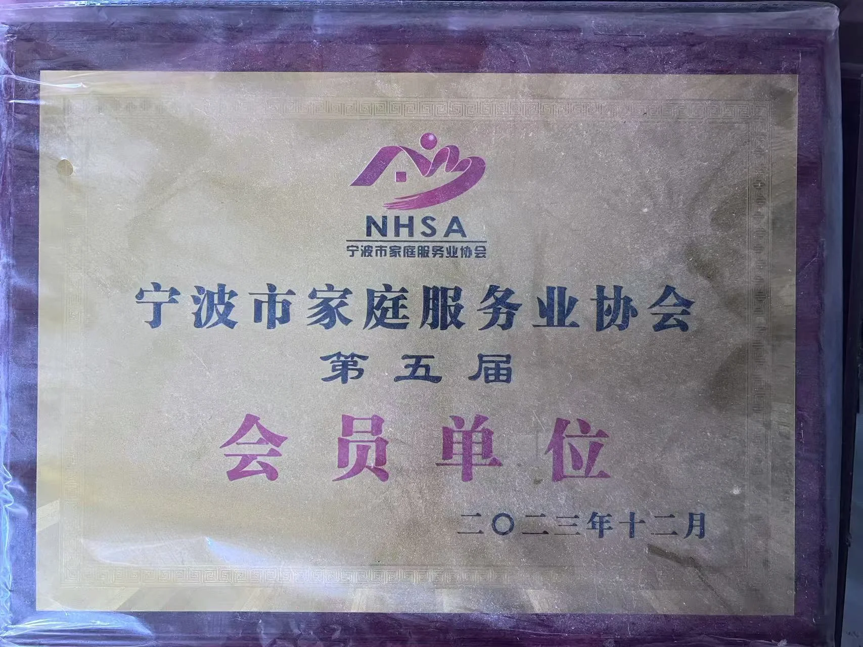 宁波市家庭服务业协会第五届会员单位证书